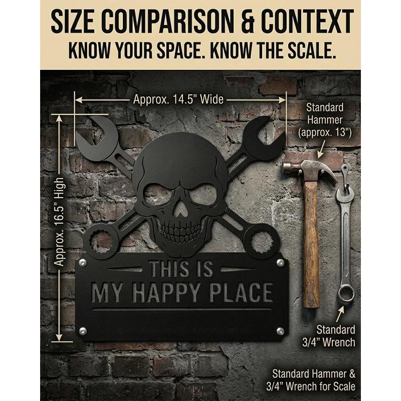 Funny Garage Metal Sign “This Is My Happy Place Don’t Mess It Up” Skull  Crossed Wrenches Wall Decor, Black Metal Sign for Garage, Man Cave, Workshop,
