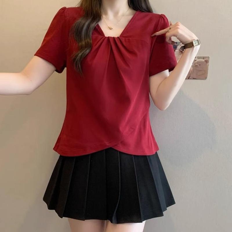 

Summer New Temperament V-neck Short-sleeved T-shirt Women s Slim Casual and Versatile Top M