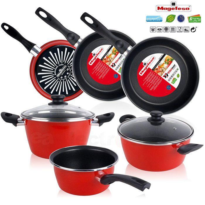 Batterie De Cuisine 5 Pièces Jeu De 3 Poêles 18-20-24 Cm Induction Antiadhésives Magefesa GRANA Rouge 91512