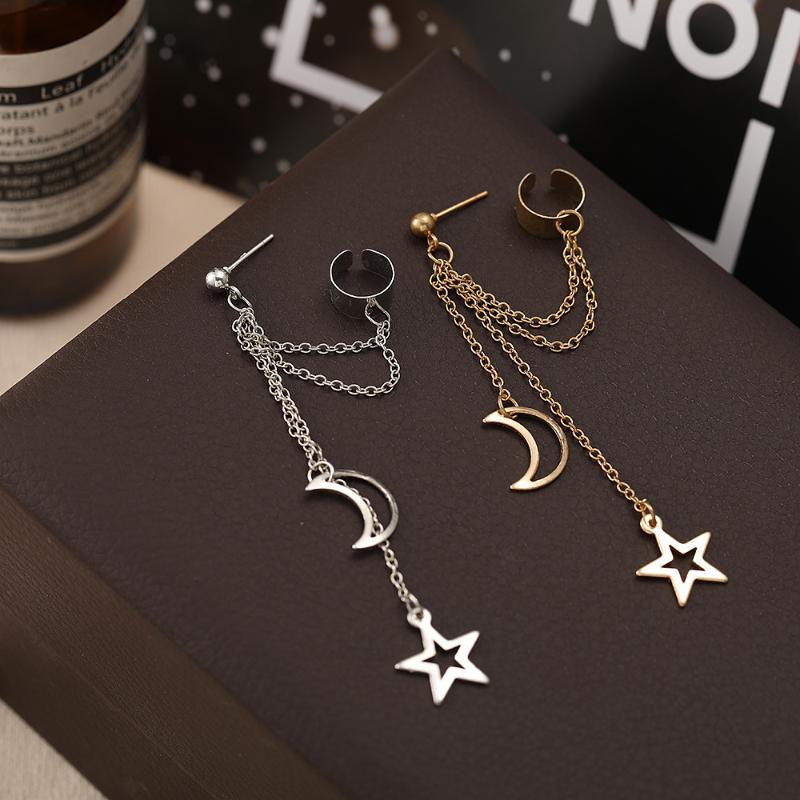 Vintage Pendant Metal Dangle Earrings With Long Chain Ear Clip For Women Silver Color Gold Color Star Moon Earring Jewelry