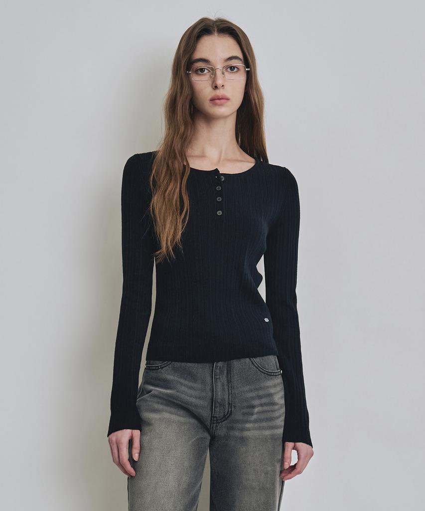 Keoseuteomeokeullagumeon [Italy] Slim Henley Neck Ribbed Knit 5 Color Cowkt010