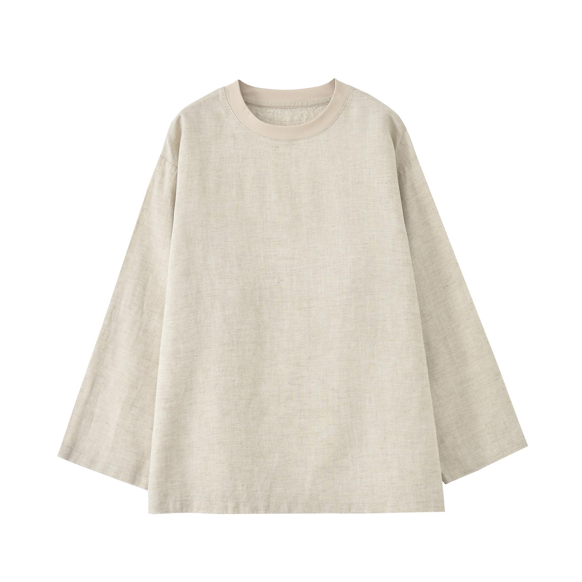 Women s Minimalist White Linen Long Sleeve Round Neck T-Shirt - Relaxed Versatile Summer Top Medium