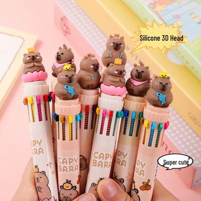 Cartoon Capybara 10-Color Push Ballpoint Pen - Cute Multi-color Journal Pen for Students