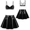 Womens Wet Look Patent Leather Set Wire-free Bra Top with Zipper Flared Skirt for Lingerie Night Club