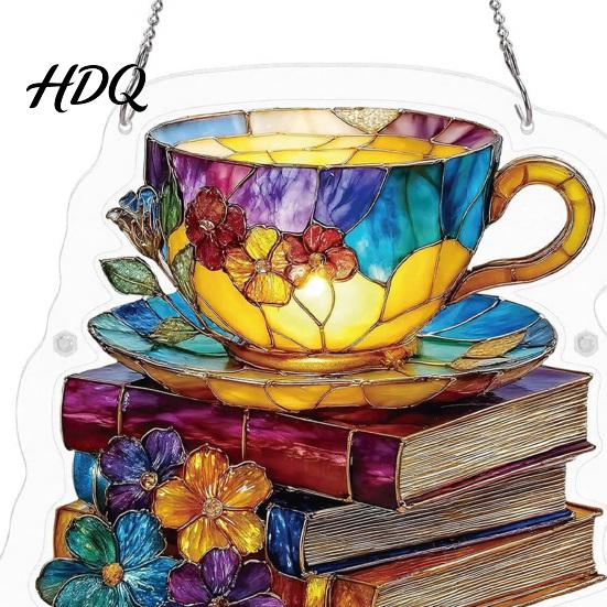 Diamond Acrylic Suncatcher Floral Tea Cup And Book Suncatcher Stained Glass Effect Window Hanging Ornament DIY Durable Sun Catcher Puzzle