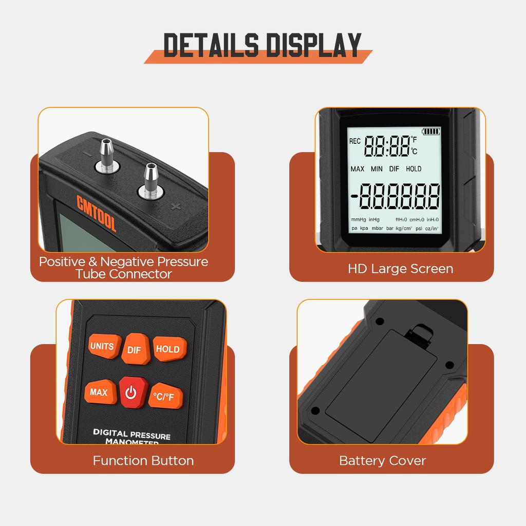 CMTOOL Differential Pressure Gauge 100kpa Orange Vacuum Gauge Backlight Display High Accuracy Alarm Digtal Pressure Measure Tool