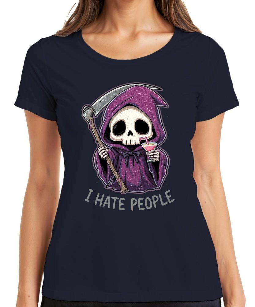 I Hate People Grim Reaper Skeleton Cocktail Purple Pink Gothic Funny Unisexs Tshirt S
