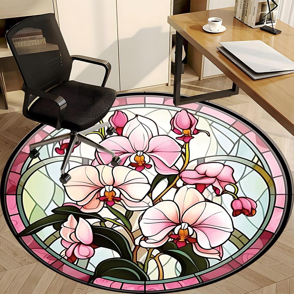 1pc Orchid Stained Glass Office Round Rug, Carpet for Office, Gaming, Lightweight Round Floor Mat yy260205018