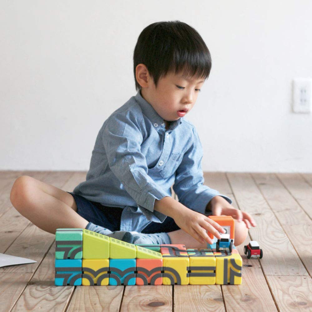 Qbitoy (QBI) PLUS 33-Piece Set with 4 Cars, Kids Design Award Winner, Challenge Card Included, Ages 3+