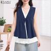 ZANZEA Women V Neck Sleeveless Fake Two-piece Buttons Up Pleated Casual Tank Tops