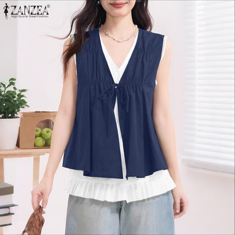ZANZEA Women V Neck Sleeveless Fake Two-piece Buttons Up Pleated Casual Tank Tops
