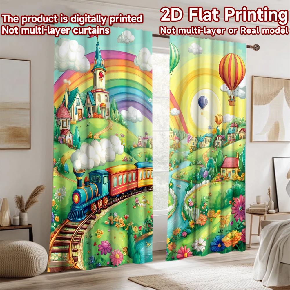 2D flat printing 2pcs Window Curtains Cute Train Rainbow Village Adventure Digital Printed Polyester Drapes Holiday Decorations
