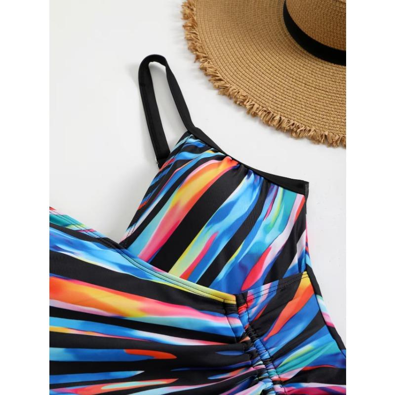 Bañador de una pieza a rayas degradadas para mujer - Traje de baño con cordón para control de abdomen