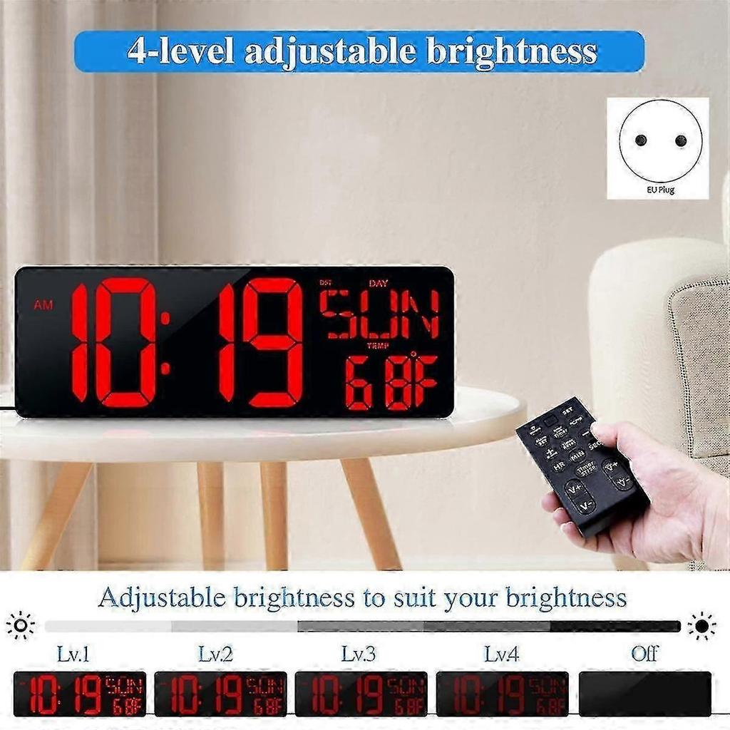 17.2 Inch Large LED Digital Wall Clock with Date & Week,Auto Brightness Adjustment,Compatible with Multiple Brands,EU Plug