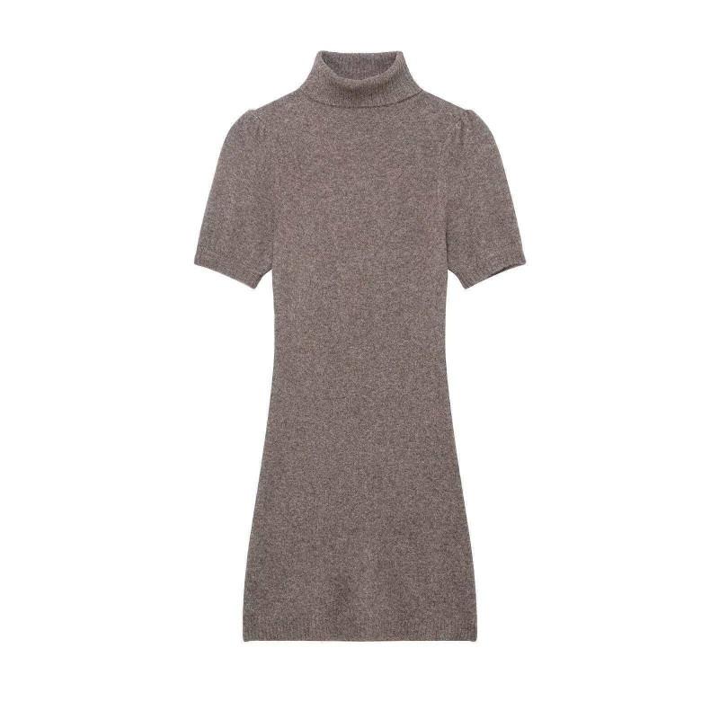 Womens Slim Fit Solid Color Knit Mini Dress High Neck Short Sleeve Street Chic Everyday Wear