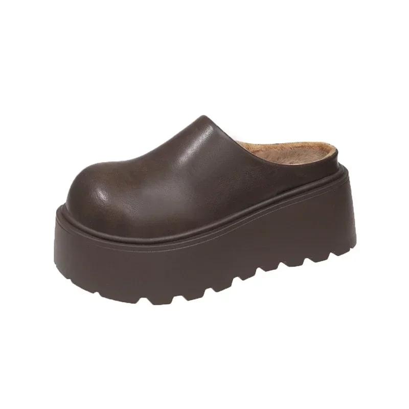 Short Plush Chunky Women Mules Slippers Casual Cover Toe Platform Flats Slides Ladies Comfort Cotton Shoes
