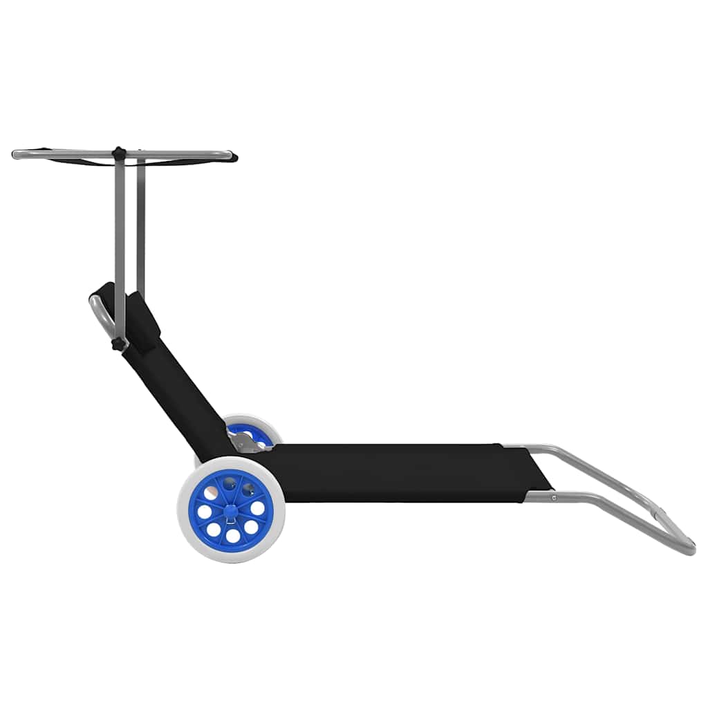 Folding Sun Lounger with Sunshade and Wheels Steel Black
