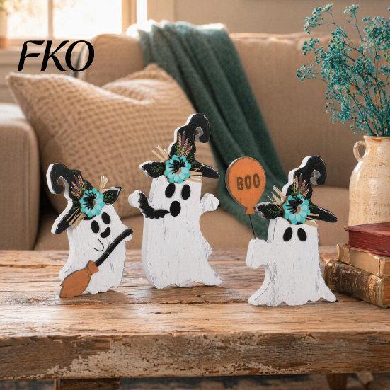 Seasonal Home Decoration 3Pcs Halloween Decoration, Black Cat Ghost Witch Hat Table Decor, Fall Decor Rustic Farmhouse Wooden Centerpieces for Office