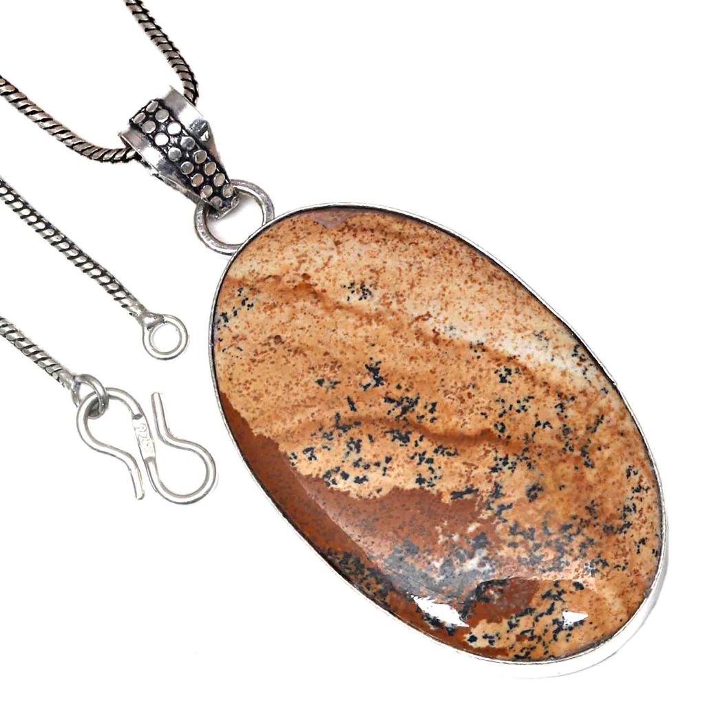 Pendant Picture Jasper Gemstone Handicraft Valentine'Day Silver Jewelry 2.25"