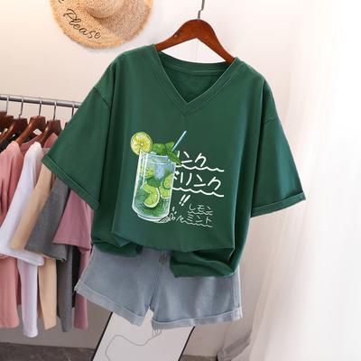 T-shirt a maniche corte da donna taglia grande design ampio e snellente nicchia puro cotone scollo a V top che copre la pancia