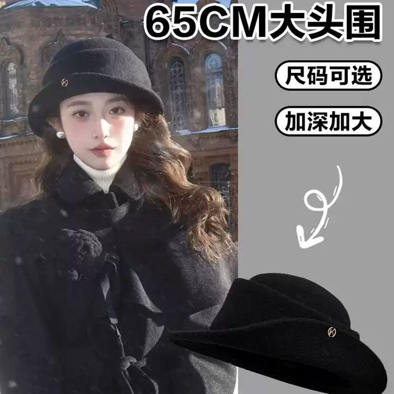 French Hepburn style elegant black top hat female autumn and winter retro face small curling edge tweed hat bucket hat