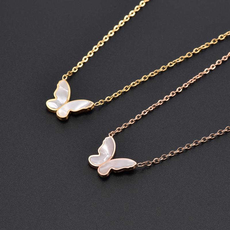 Elegant Titanium Steel Butterfly Necklace with Mother-of-Pearl Pendant for Women