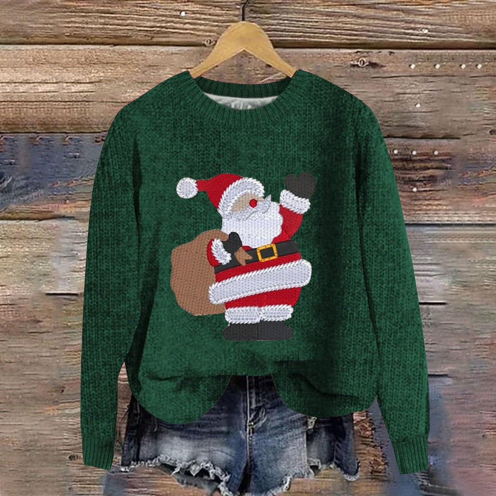 Женская мода повседневный длинный рукав рождественский принтованный воротник шерстяной трикотажный пуловер топ L темно-зеленого