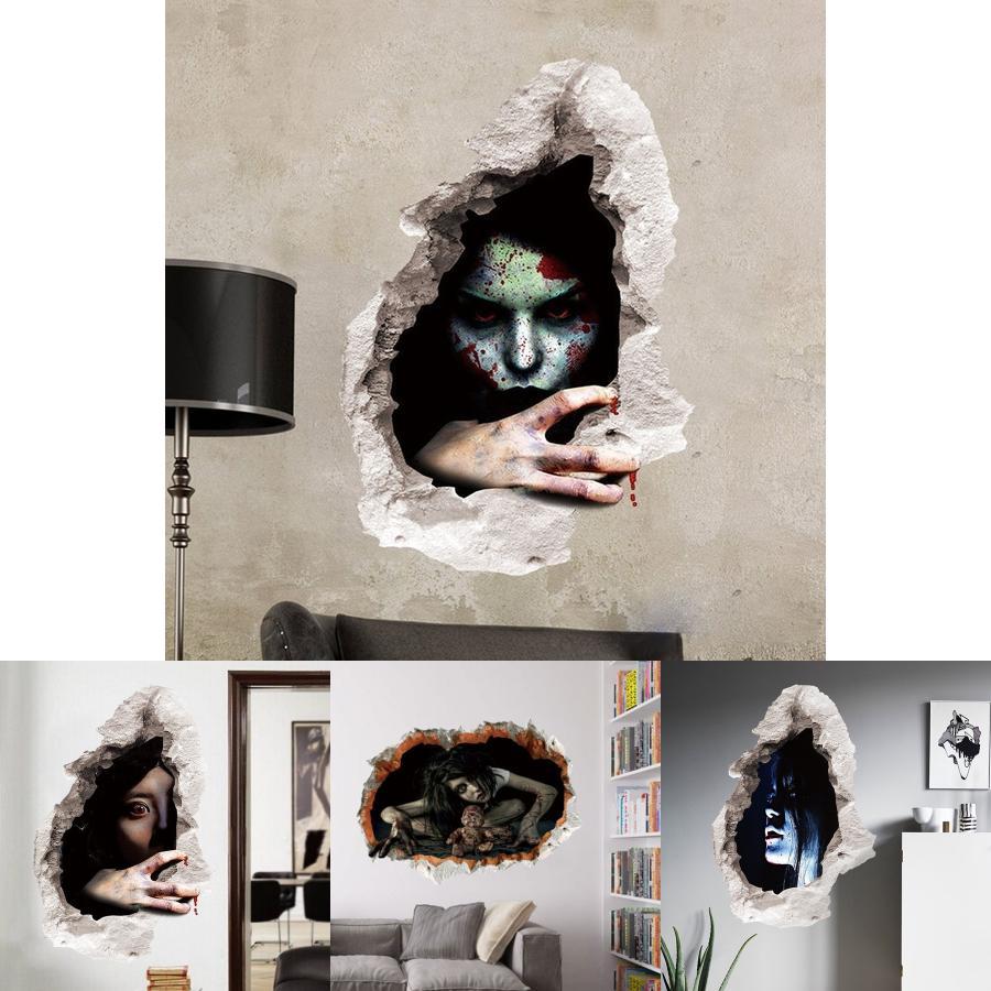 3d Realistic Horrifying Halloween Wall Breakthrough Ghost Girl Wall Sticker Removable Pvc Decor For Living Room And Hallway