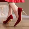 Fashion 2025  Women's Basic Pumps Gold Heel High  Dress Shoes Red Flock Boat  Pointed Toe Slip On