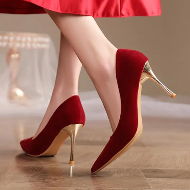 Fashion 2025  Women's Basic Pumps Gold Heel High  Dress Shoes Red Flock Boat  Pointed Toe Slip On
