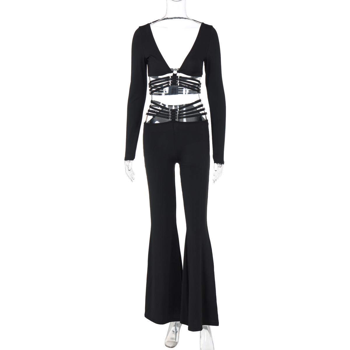 European & American Women s 2025 Summer Fashion V-Neck Long-Sleeve Top & Wide-Leg Pants Set Large чёрный