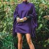 Moda Feminina Primavera Outono Cor Sólida Estampa Manga Longa Gola Alta Cintura Solta Vestidos Casuais