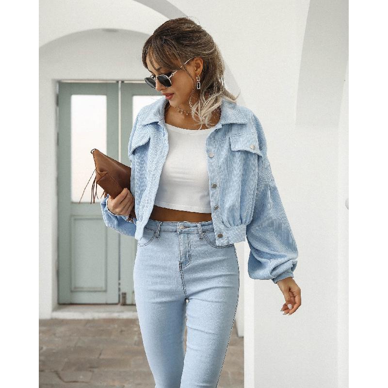 European and American Style Autumn Winter Casual Corduroy Jacket with Lantern Sleeves and Single Breasted Short Coat for Women