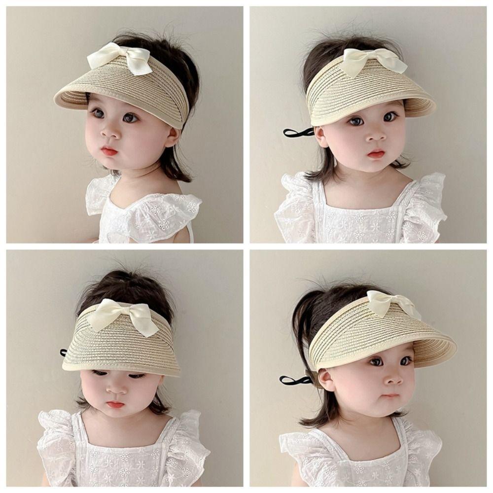 Korean Bow Straw Hat Empty Top Visor Cap Fashion Baby Straw Caps  Kids