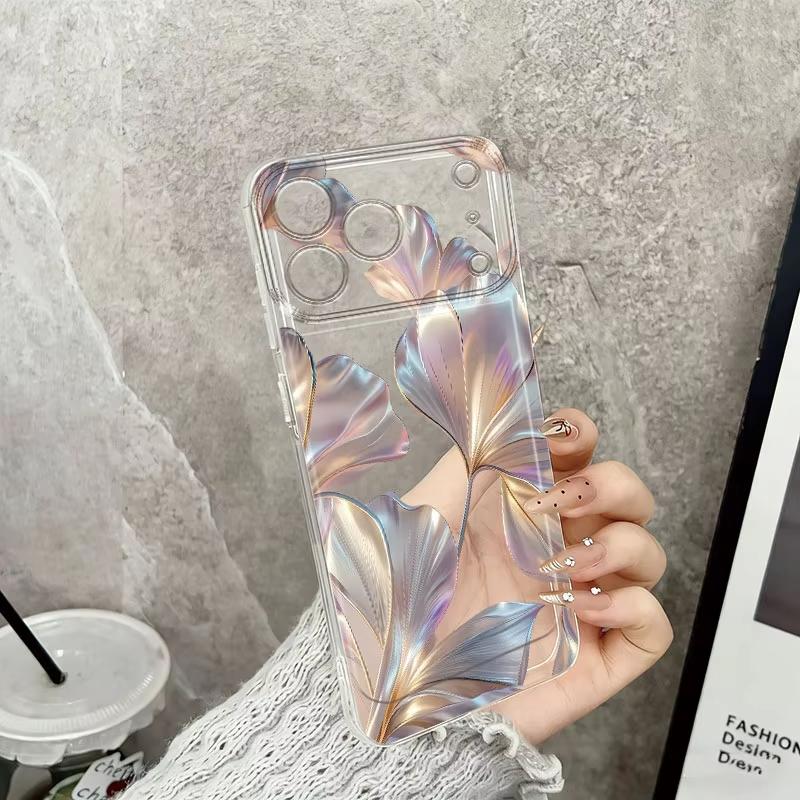 Colorful Metallic Ginkgo Print Phone Case For iPhone 17 16 Pro Max 11 12 13 14 15 Plus X XR XS 17Air 16E Shockproof Clear Cover
