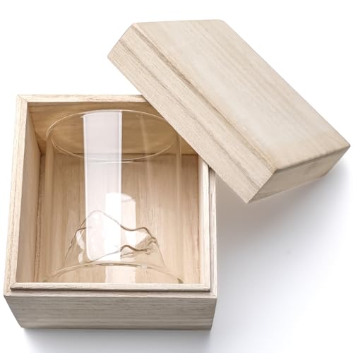 Whiskey glass, rocks glass, sake glass, clear glass tumbler with Kanzan mountain design, wooden box included (approx. 325ml capacity)