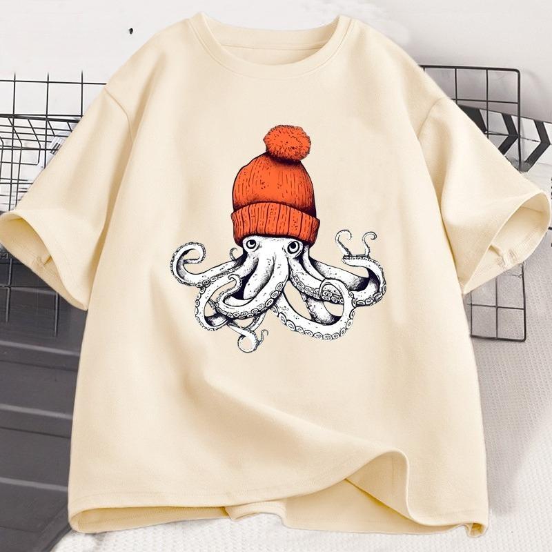 Octopus Orange Beanie Cotton T-shirt Japanese Style Graphic Tees Casual Short Sleeve Round Neck Tshirts Unisex Clothes