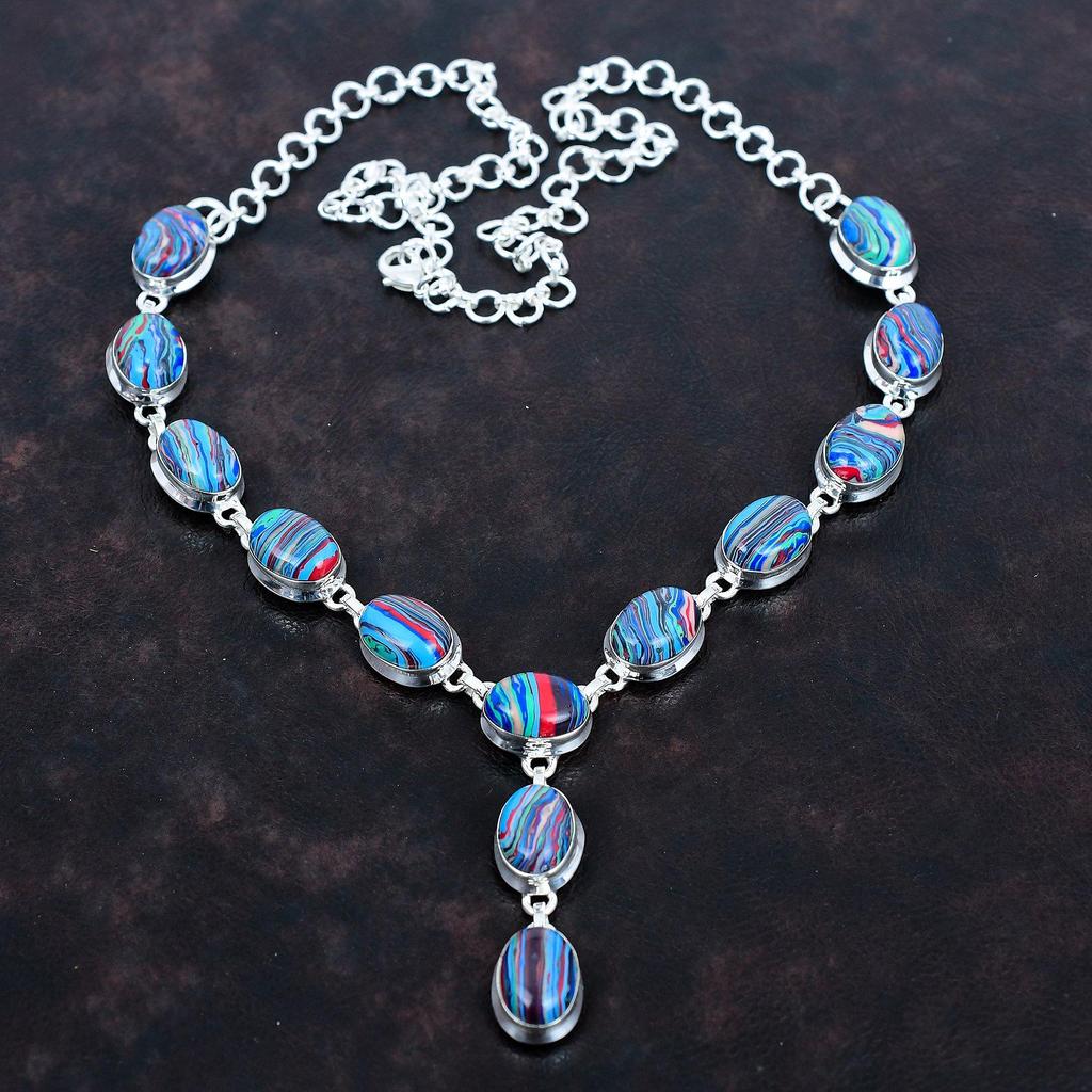Rainbow Calsilica Necklace Gemstone Necklace Antique Jewelry 925 Sterling Silver Necklace Handmade Adjustable Chain Necklace Gifts for Women
