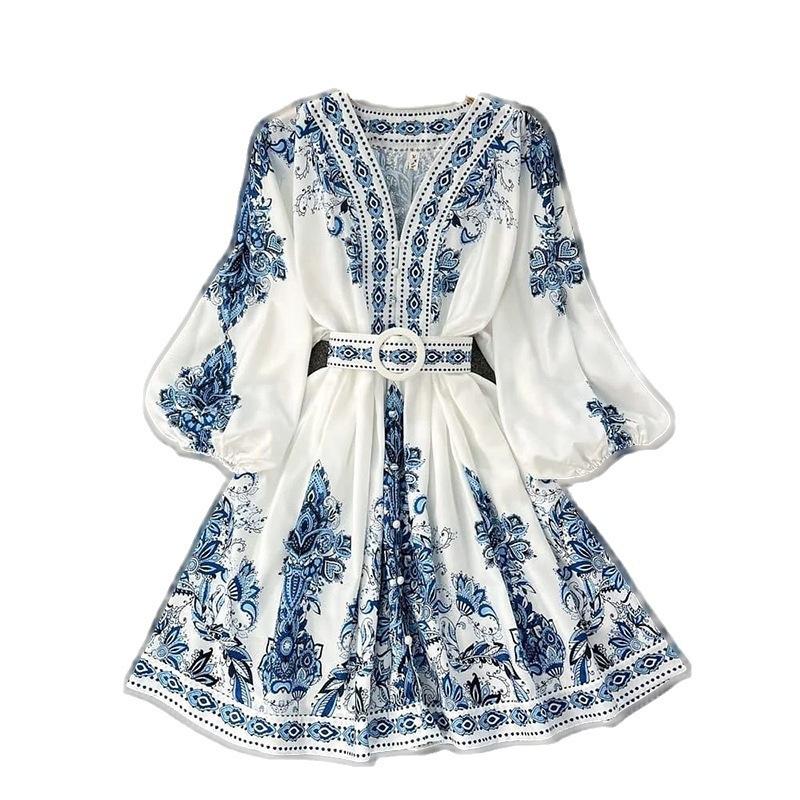 Herbst 2025 Neue Kollektion, Damen, Modischer V-Ausschnitt, Langarm, Bohème-Stil, Bedrucktes Kleid