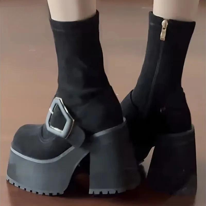 Metal Locking Fashion Ankle Boots Woman 2025 New Spring Ultra-high Heel All-match Platform Booster Sleeve Knight Boots
