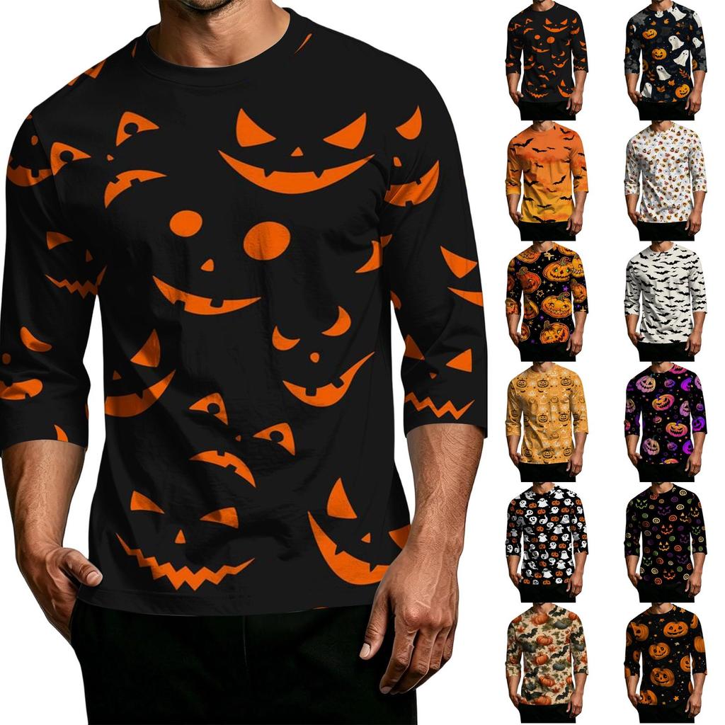 Men Casual Halloween Print Raglan Sleeve T Shirt Crew Neck Three Quarter Sleeve Top Comfortable Fit Lightweight Fabric