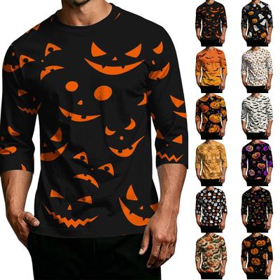 Herre Afslappet Halloween Print Raglanærme T-shirt Rund Hals Trekvartærme Top Behagelig Pasform Let Stof
