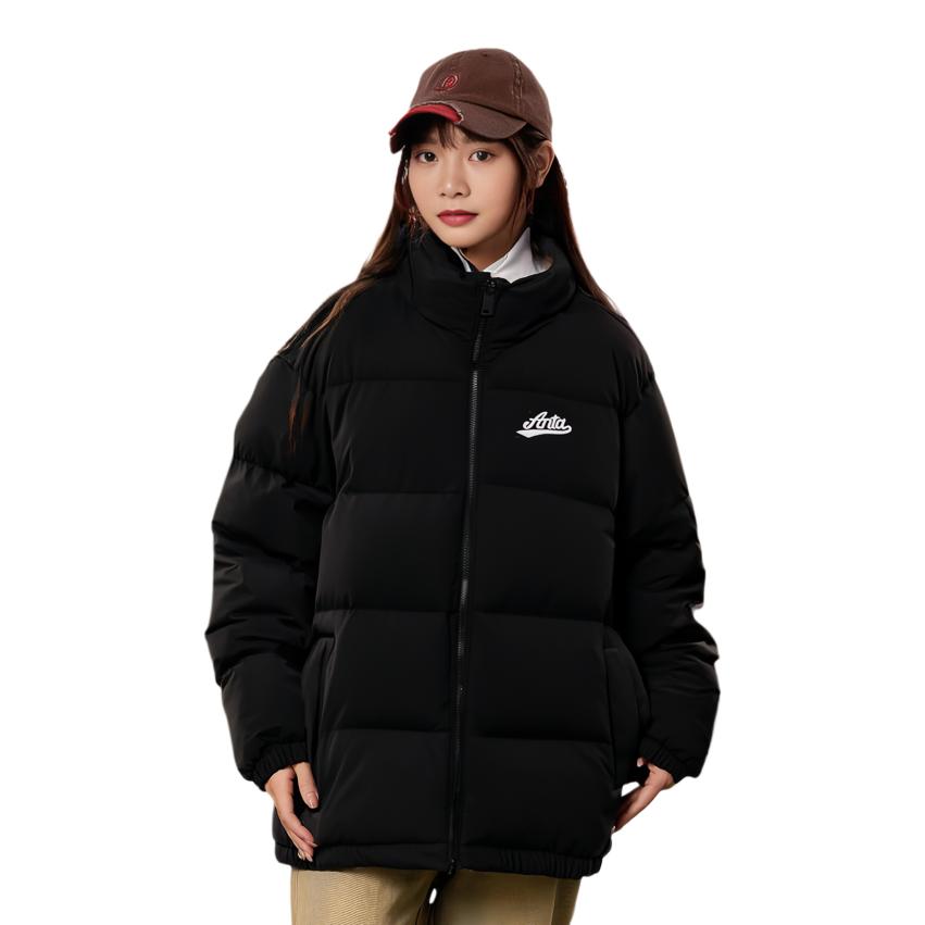 Anta Letter Zipper Stand Collar Long Sleeve Down Jacket Women Outerwear Basic-Black 162348903-2