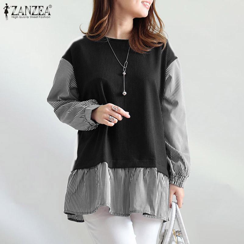 

ZANZEA Женский повседневный свободный полосатый пуловер с длинными рукавами и блузкой в ​​стиле пэчворк