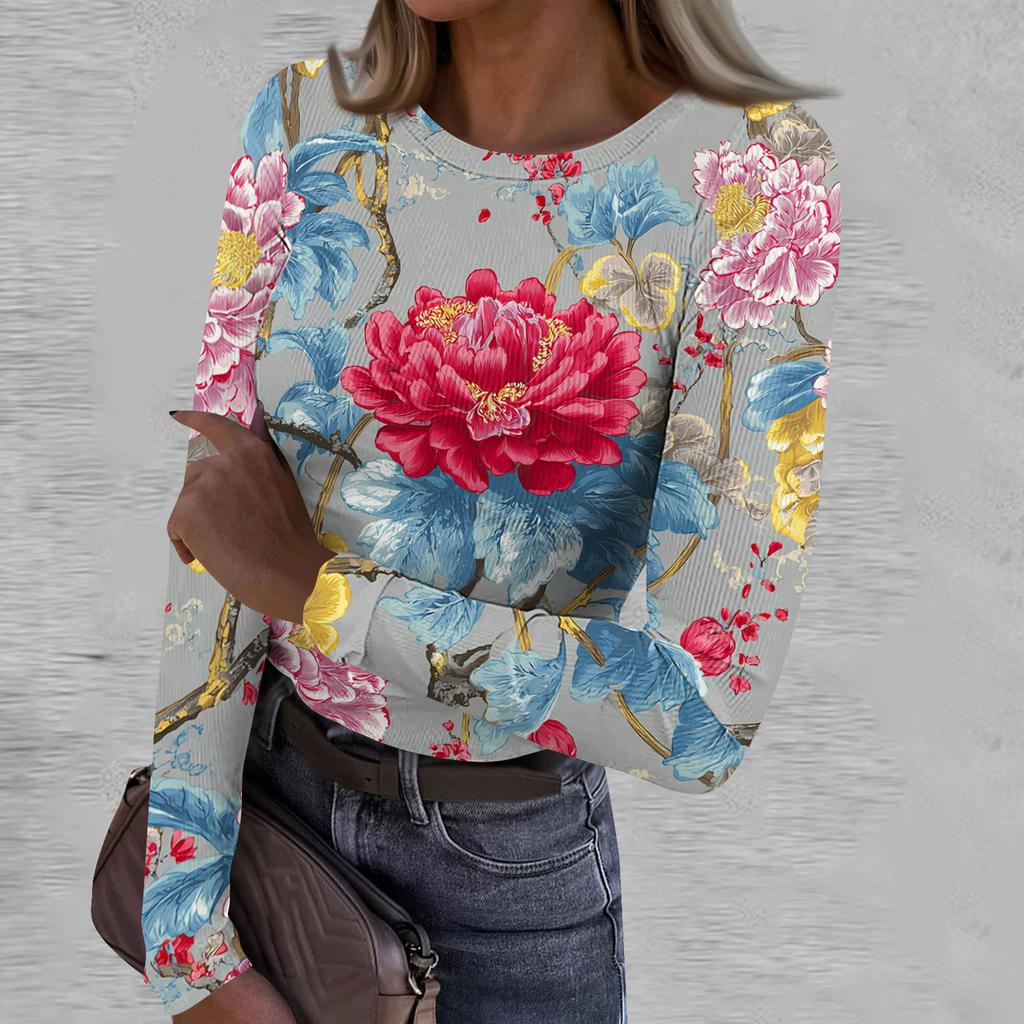 Women's Casual Fashion Round Neck Retro Print Long Sleeve Ribbed Top