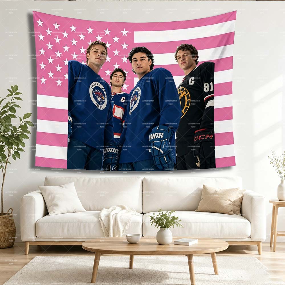 Off Campus Briar U Hockey Tapestry, Four Guys Pink American Flag Wall Decor College Romance 100X70CM