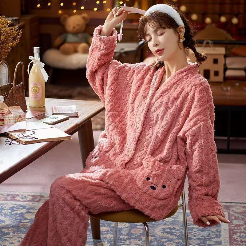 Winter Coral Fleece Thickened Warm Women's Long-sleeved Home Service Suit Can Be Worn Outside V-neck