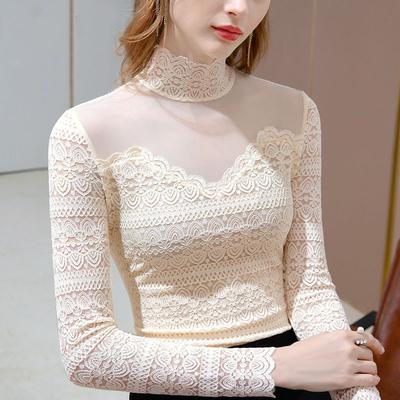 Dantel Tabanlı Gömlek Kadın Yarı Yüksek Yaka Mizaç İlkbahar ve Sonbahar Patchwork File Üst