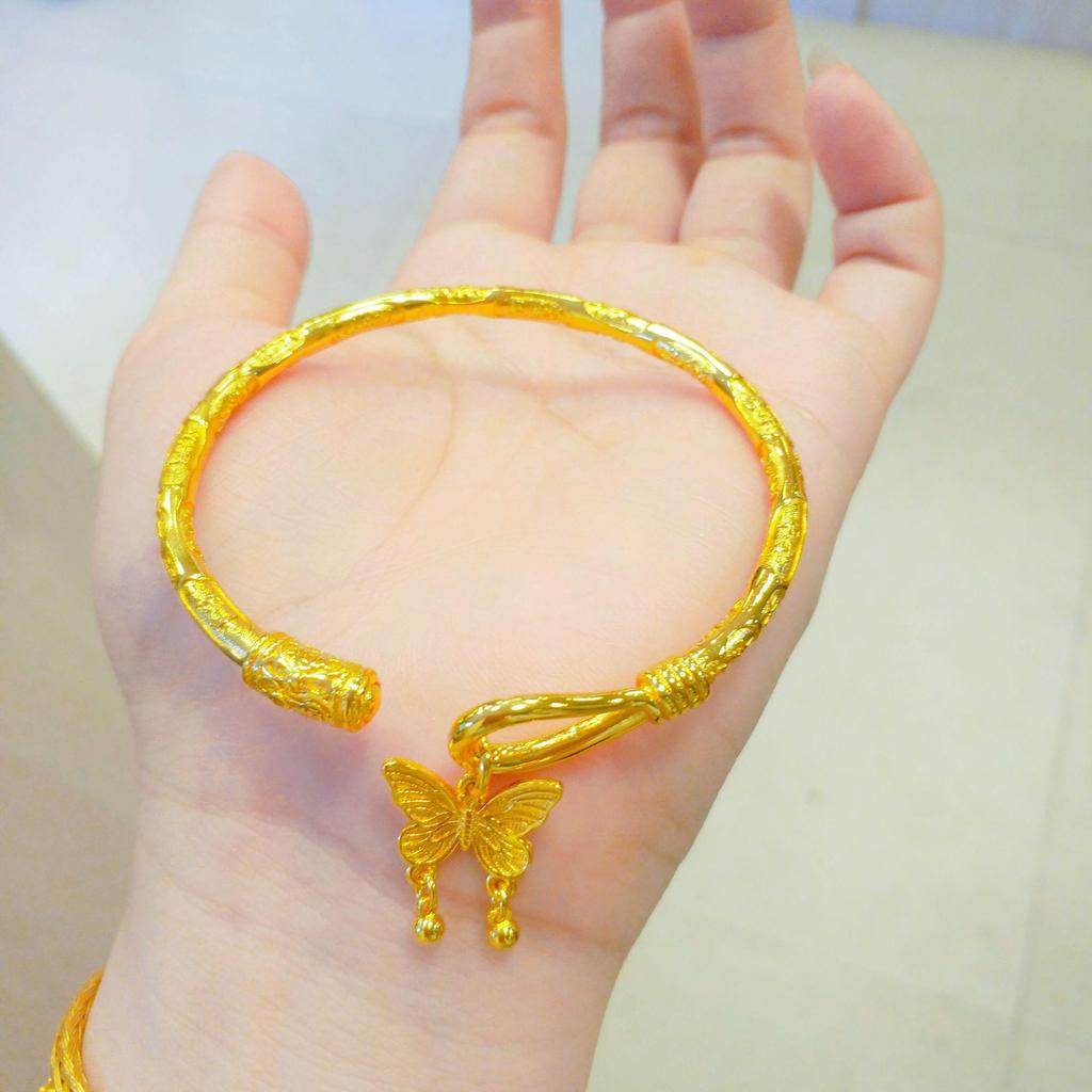 Gold Butterfly Bangle with Auspicious Inscription - Retro Chinese Style Open Bracelet