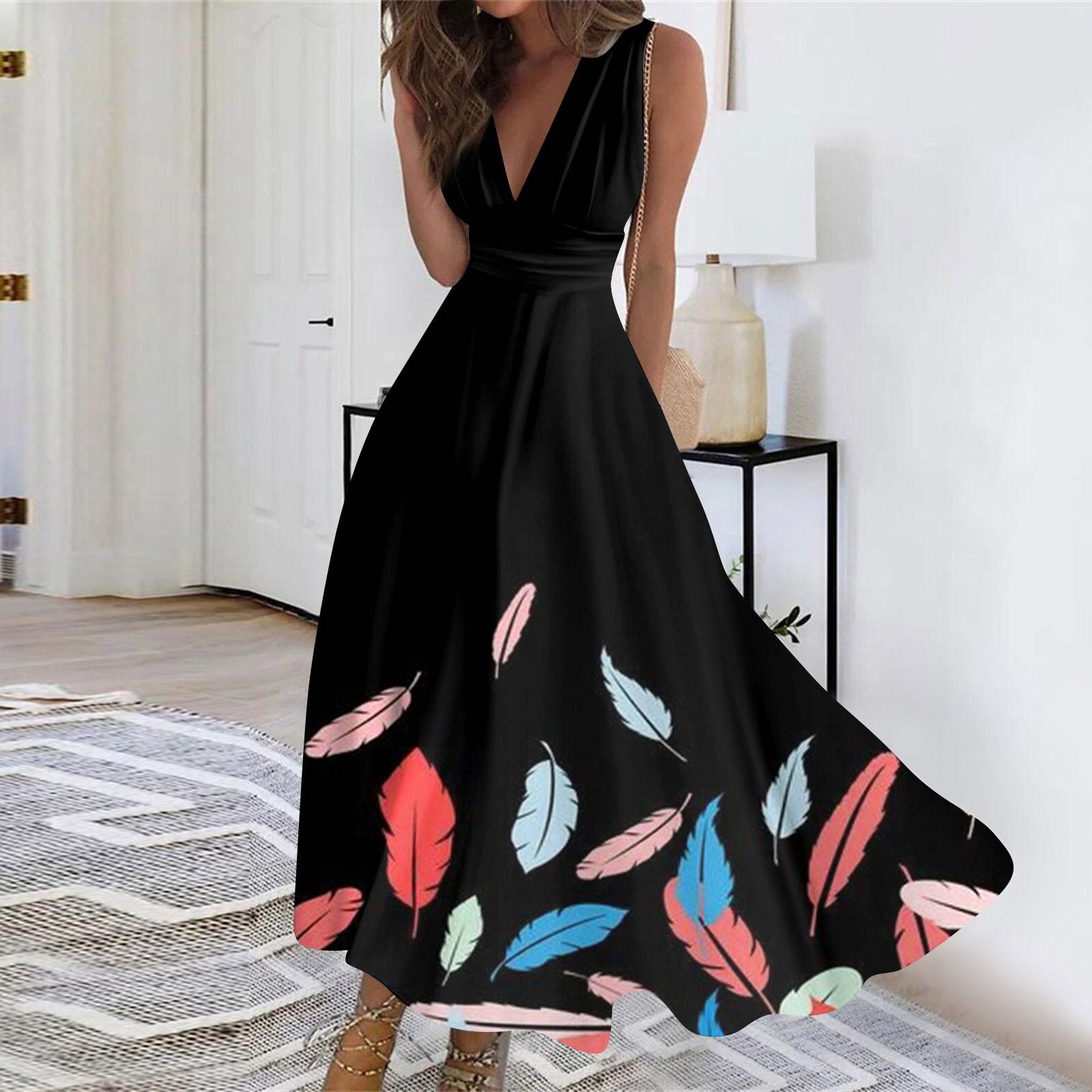 

Женское длинное платье Платье макси Повседневное платье Летнее повседневное платье без рукавов с v-образным вырезом в стиле бохо с талией в стиле ретро с принтом L чёрный